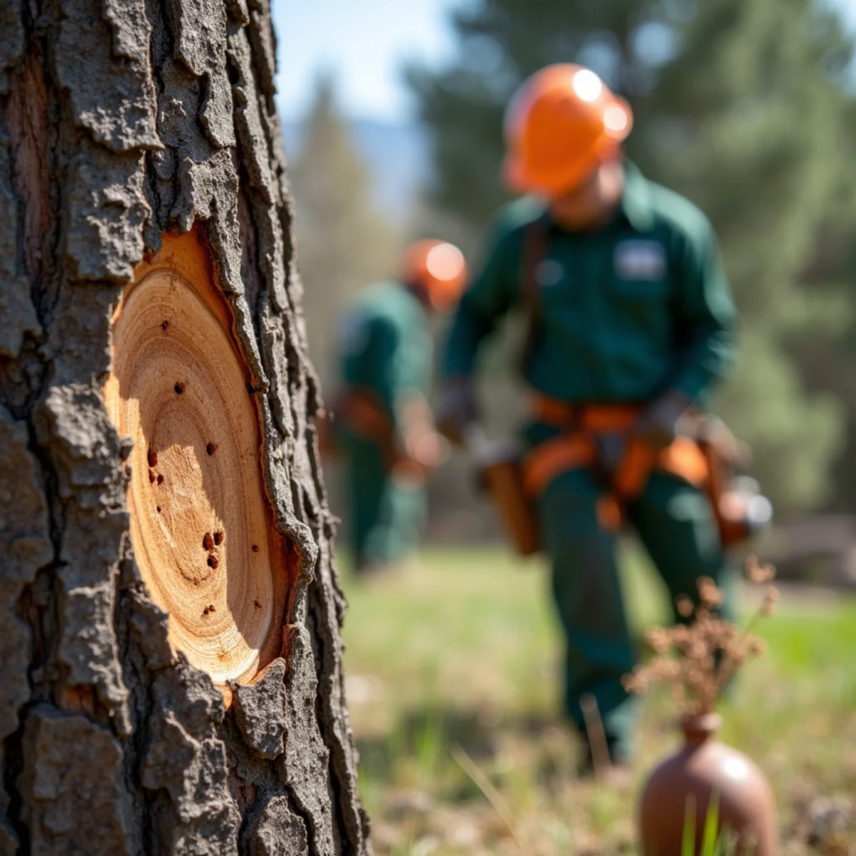 Close ground-level view of ash bark with small exit holes