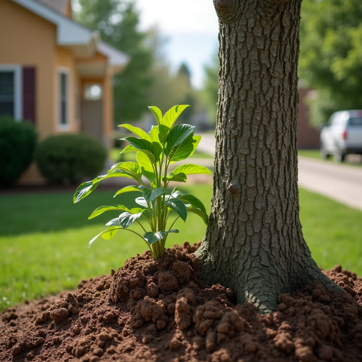 Stress sprouts and visible root flare on a declining ash tree