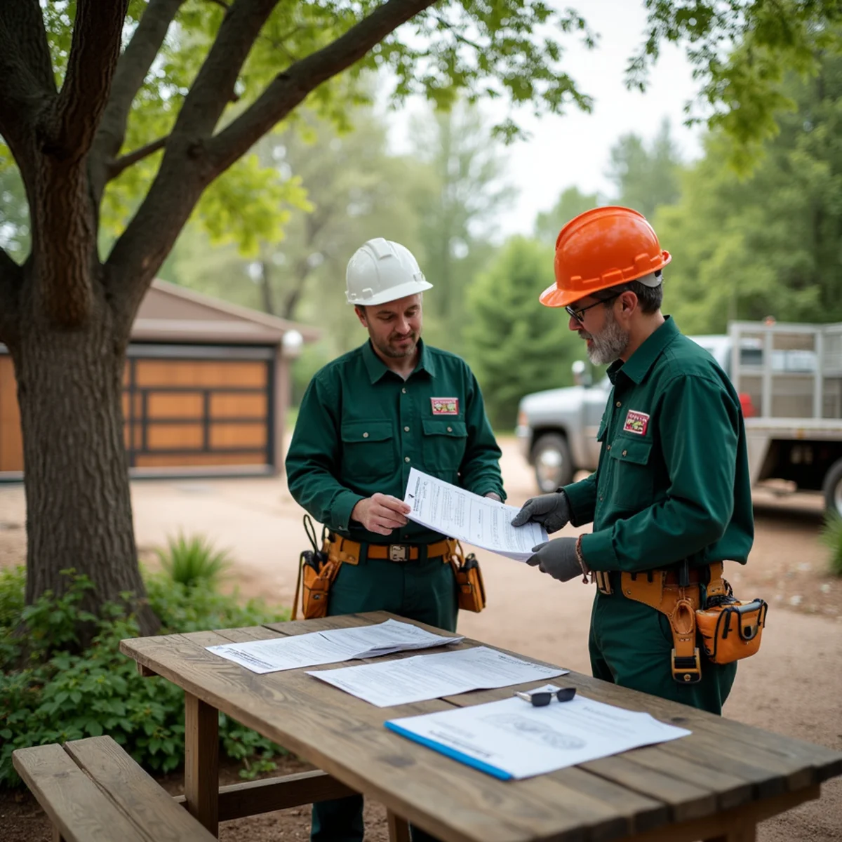 Homeowner comparing written tree service estimates in Aurora