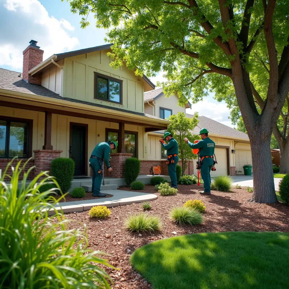 Low-water planting, mulch, and rock landscape at an Aurora home