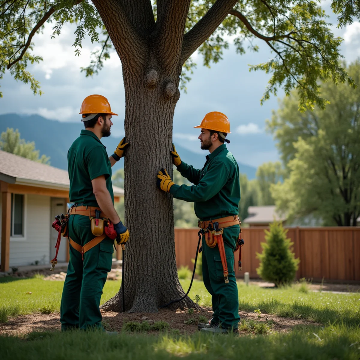 Aurora homeowner inspecting tree branches before a Colorado storm