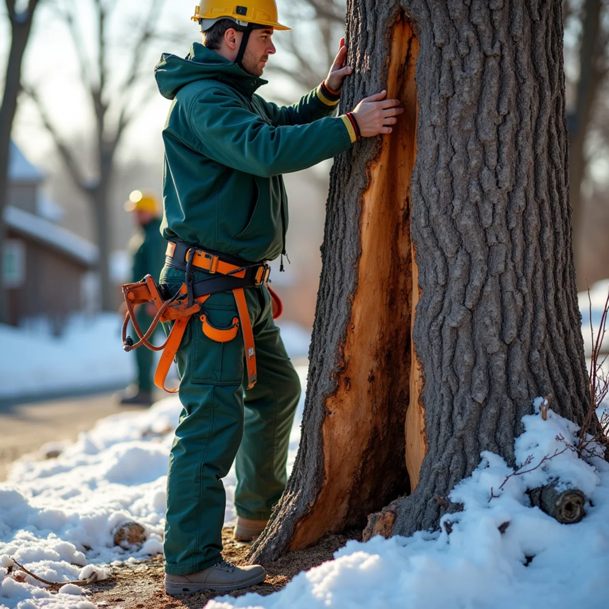 Fresh crack at a weak union in a mature tree trunk