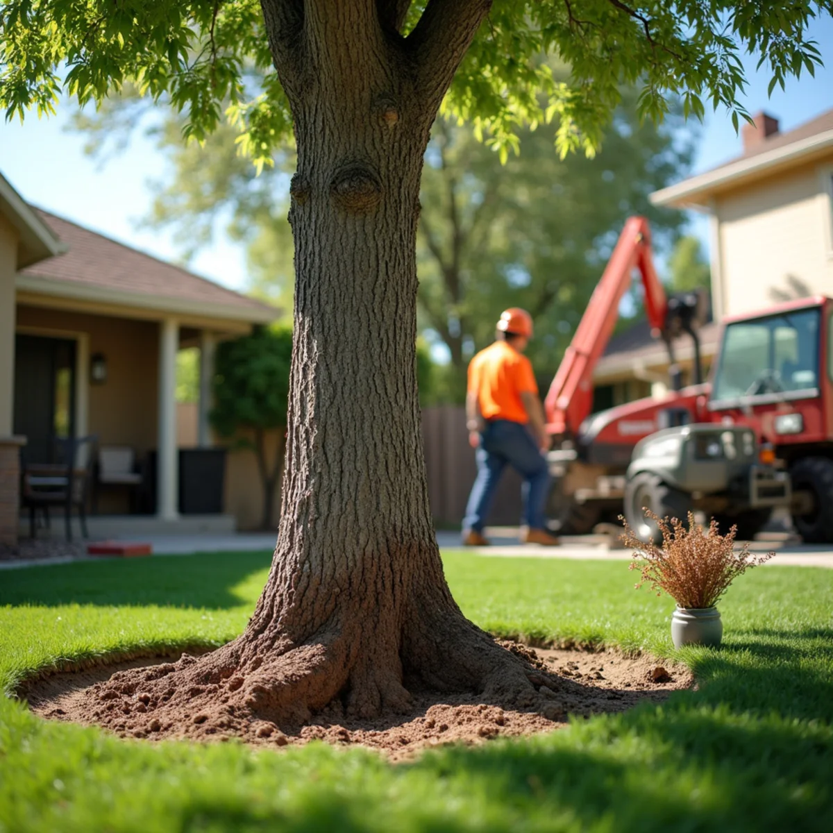 Lifted soil and exposed roots beside a newly leaning tree