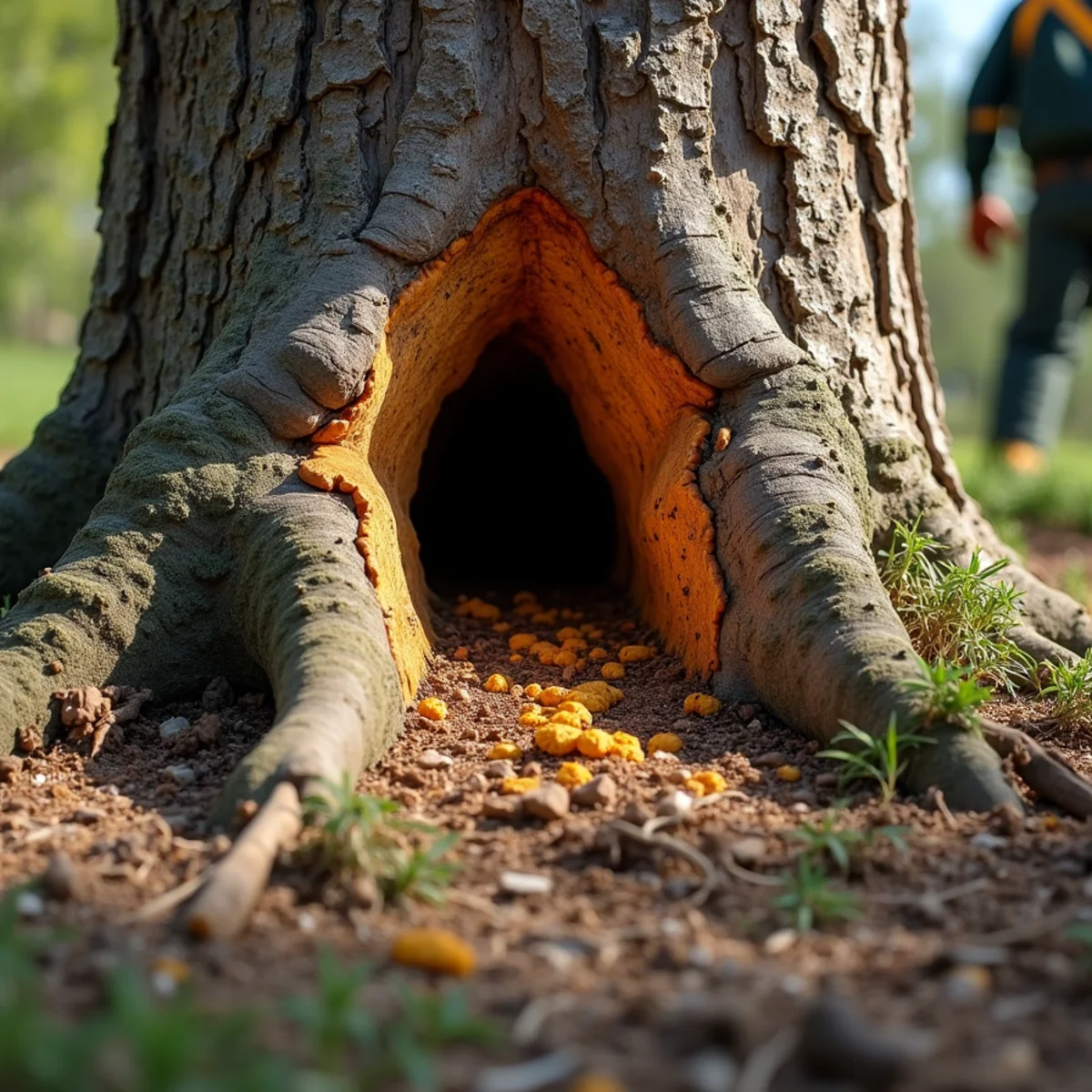 Tree cavity and fungal growth photographed safely from ground level