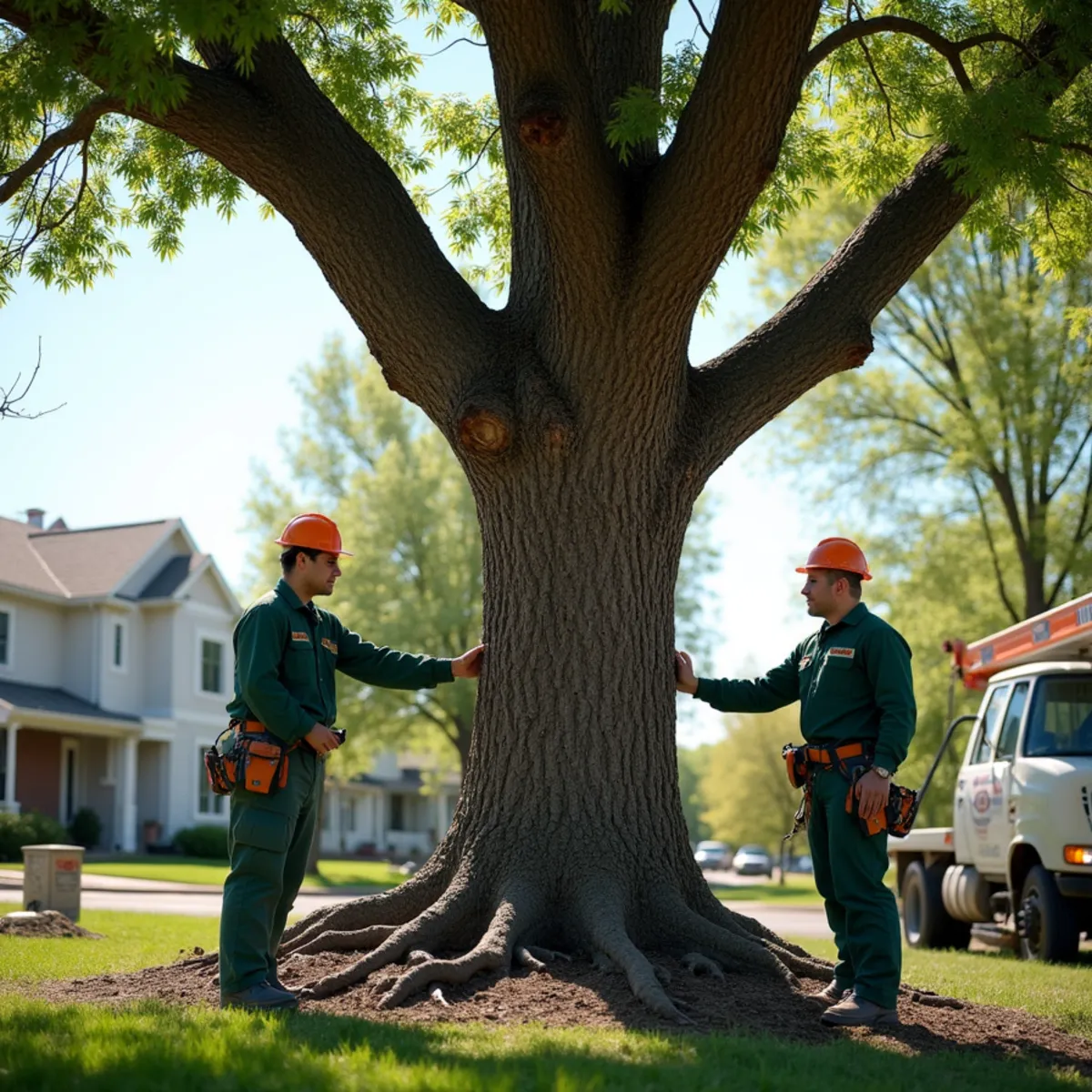 Visible crack and dead branches on a mature tree being inspected