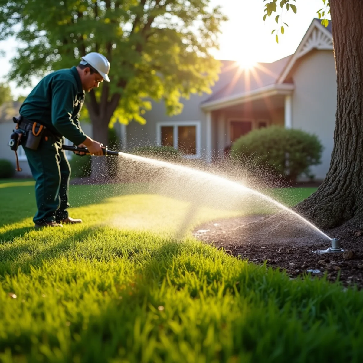 Sprinkler coverage pattern being checked across an Aurora lawn