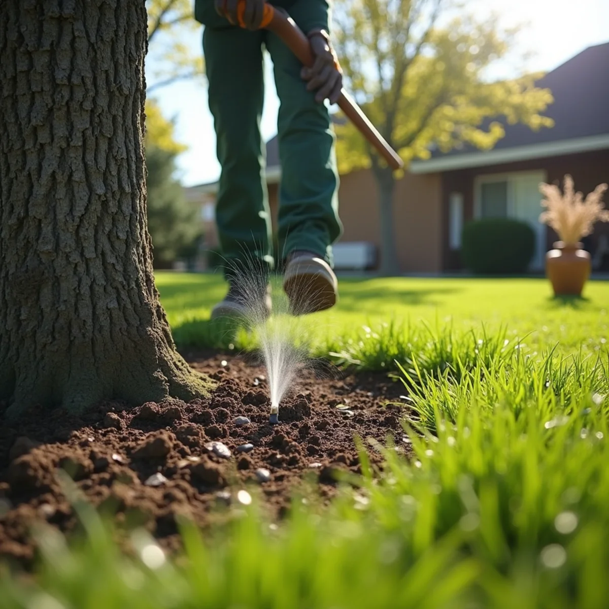 Wet soil and low sprinkler pressure indicating a possible irrigation leak