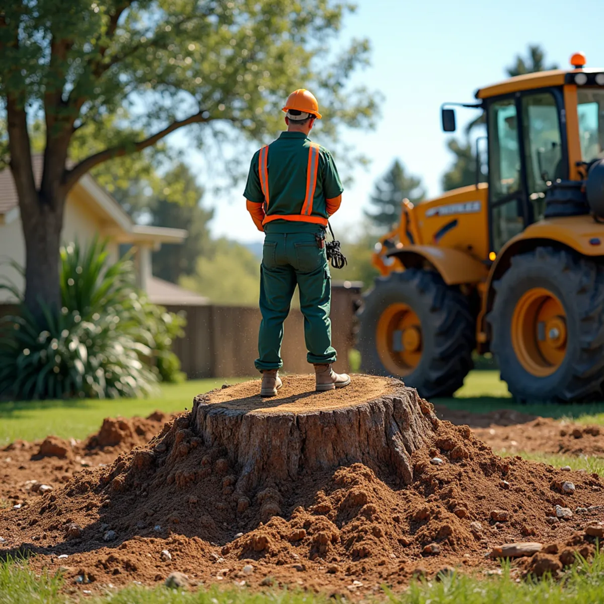Freshly ground tree stump and wood chips in an Aurora yard