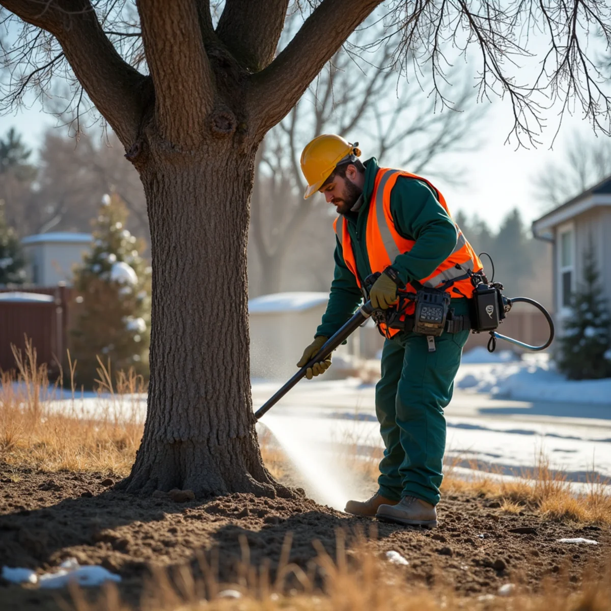 Deep watering around a Colorado tree during a dry winter day