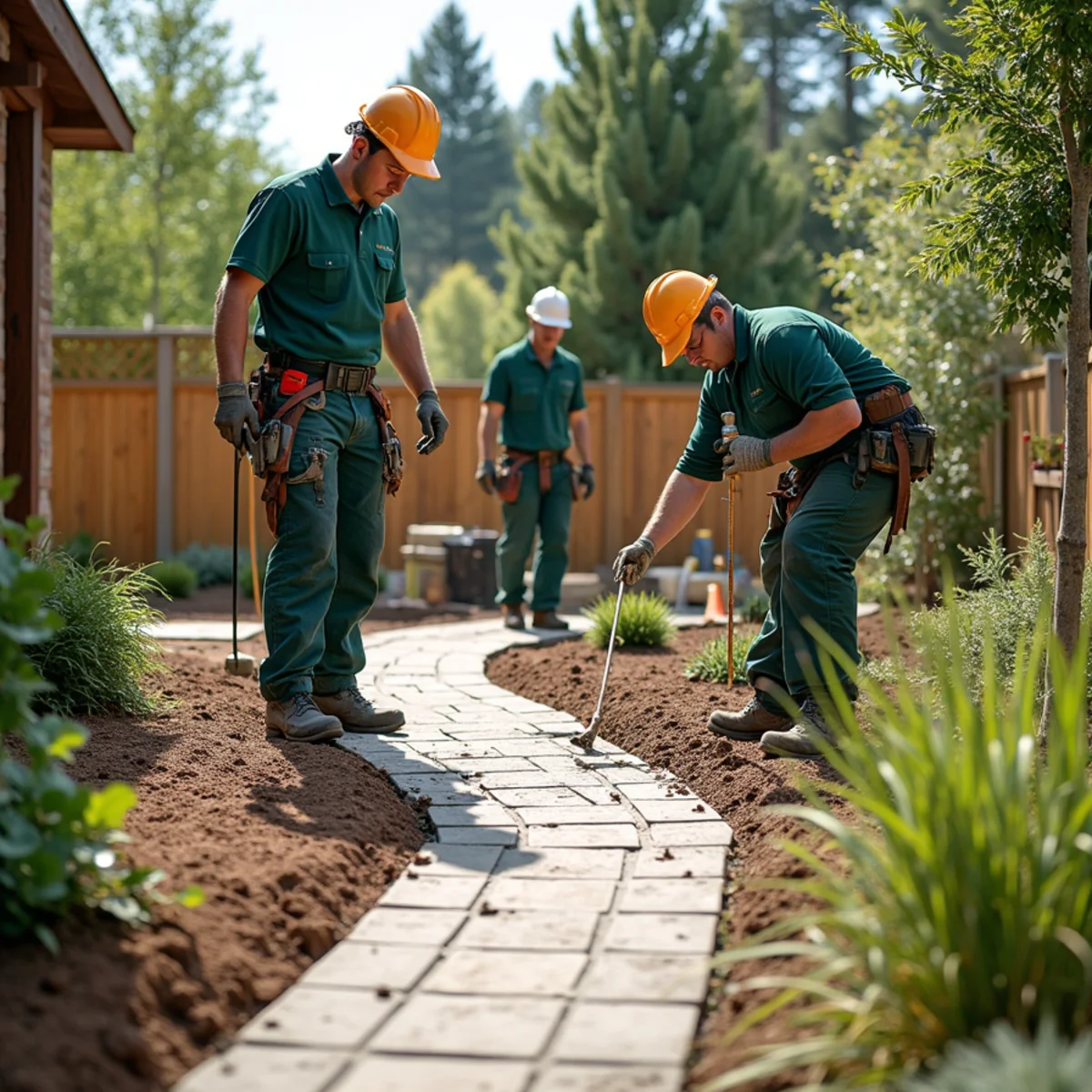 Hardscape walkway and landscape beds installed at an Aurora property