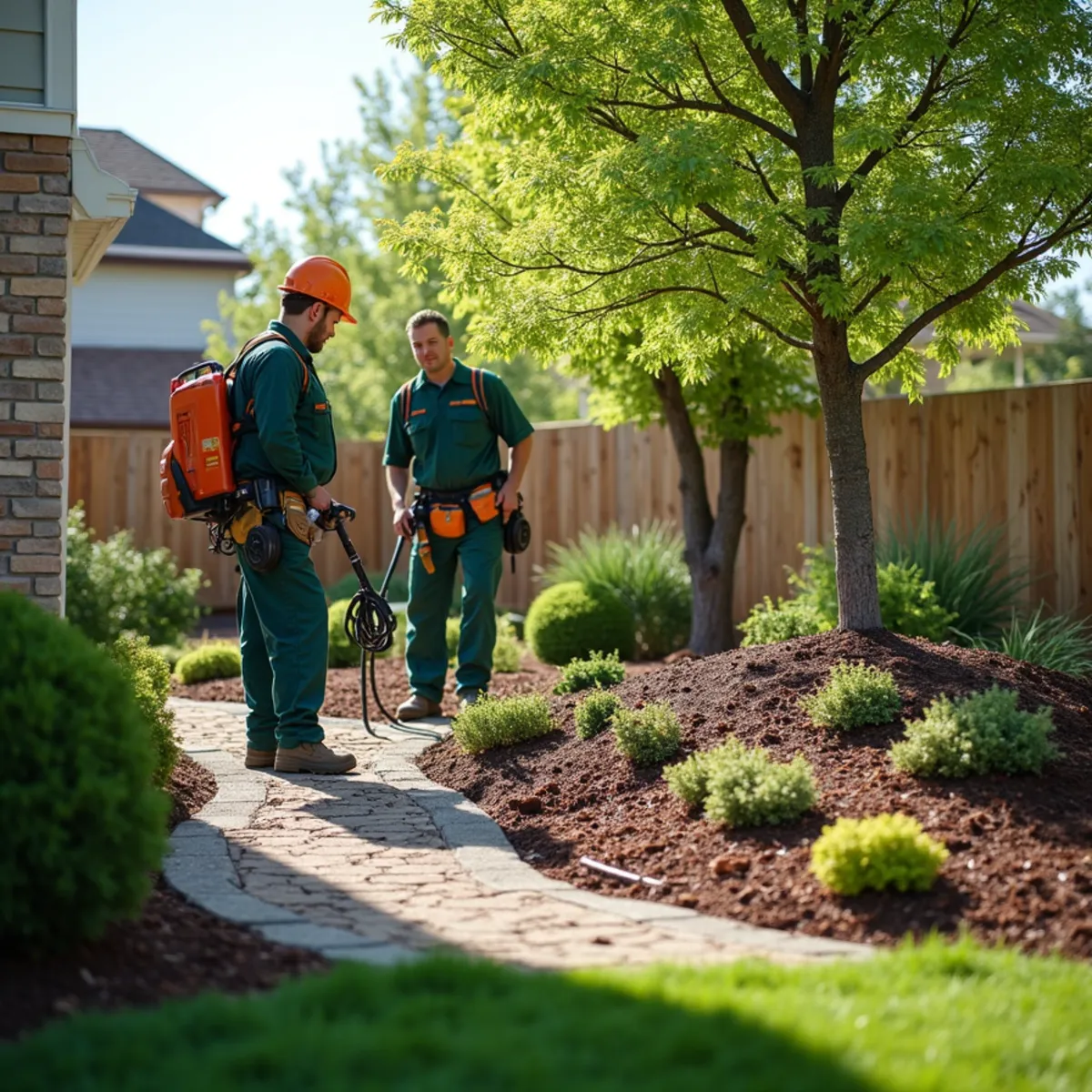 New rock, mulch, and planting beds being installed at an Aurora home