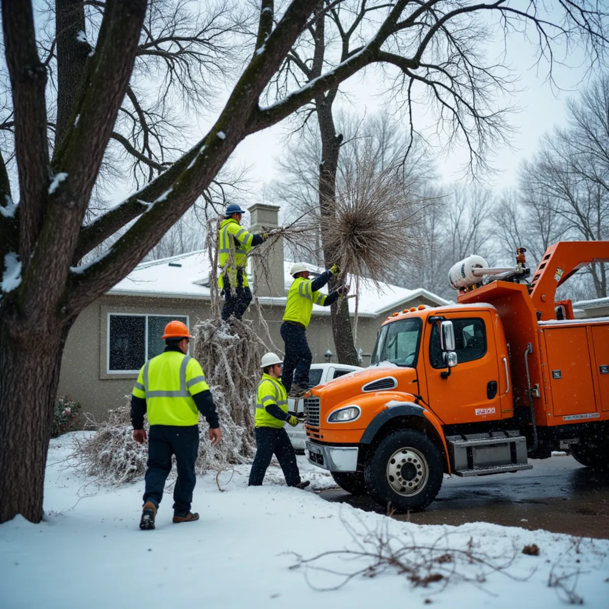 Crew clearing snow-damaged tree limbs from an Aurora property