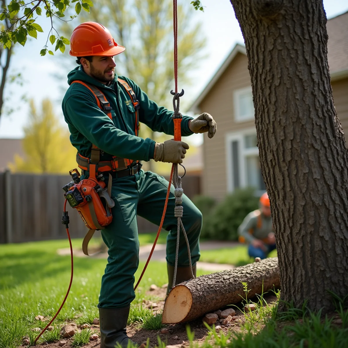 Tree removal crew safely lowering a section of tree in Aurora, Colorado