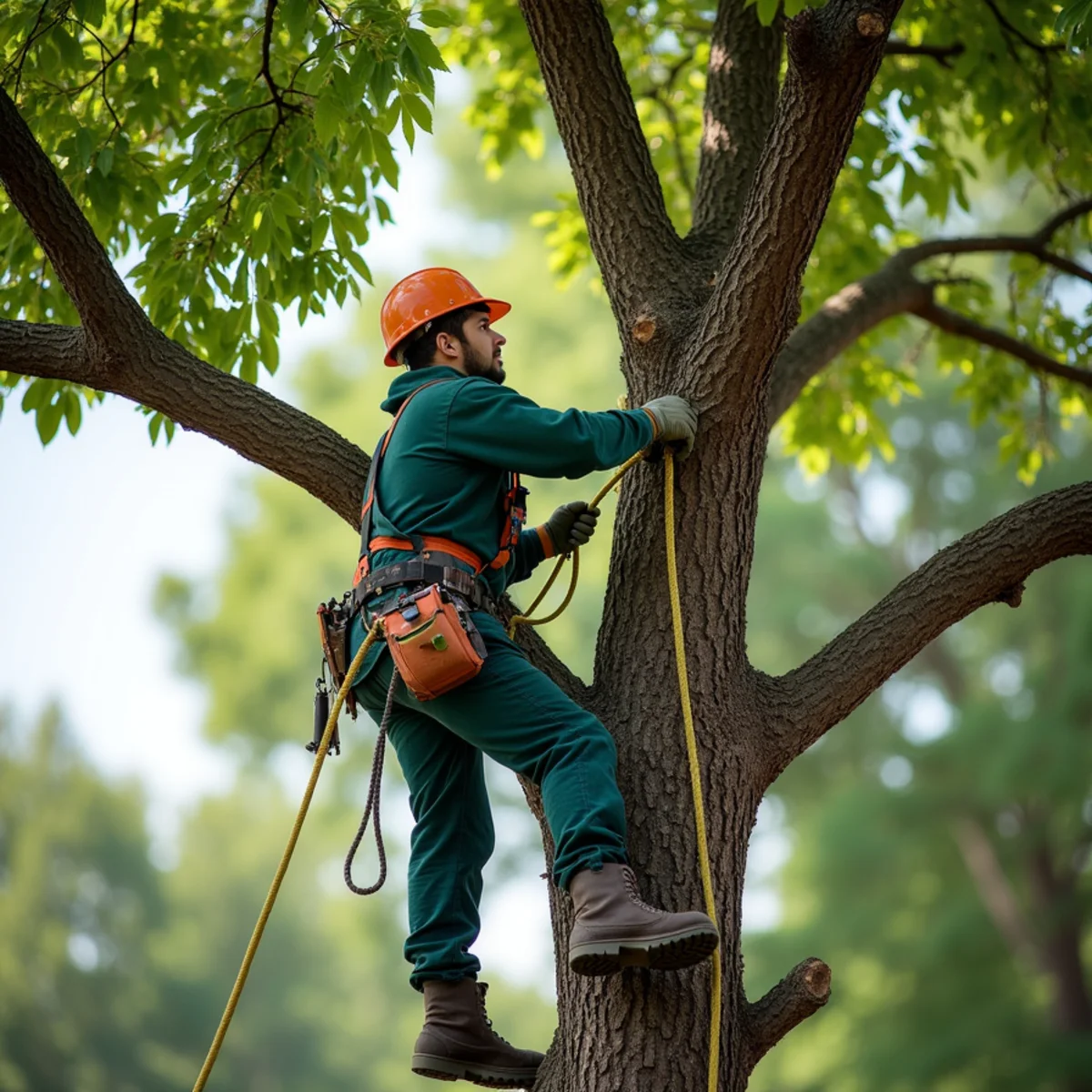 Tree care crew pruning a mature shade tree at an Aurora home